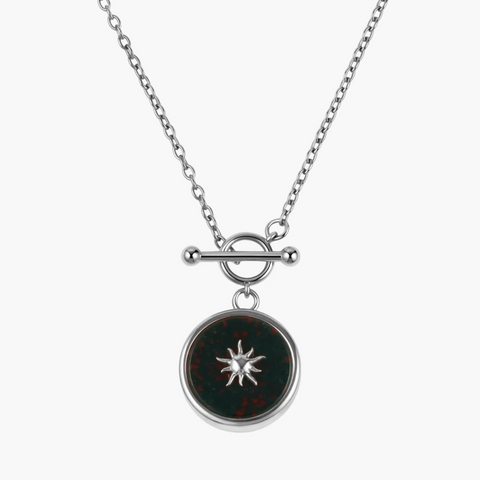 925 Sterling Silver Round Bloodstone Toggle Clasp Necklace - Inner Sun Front View