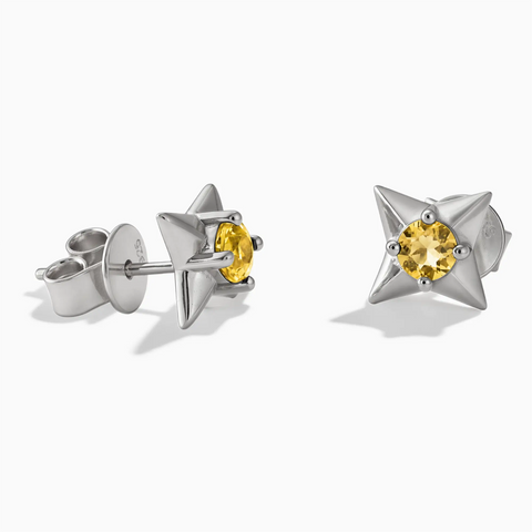 925 Sterling Silver Round Citrine Four Point Star Stud Earrings - Wishkeeper Front View