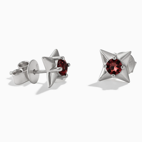 925 Sterling Silver Round Garnet Four Point Star Stud Earrings - Wishkeeper Front View