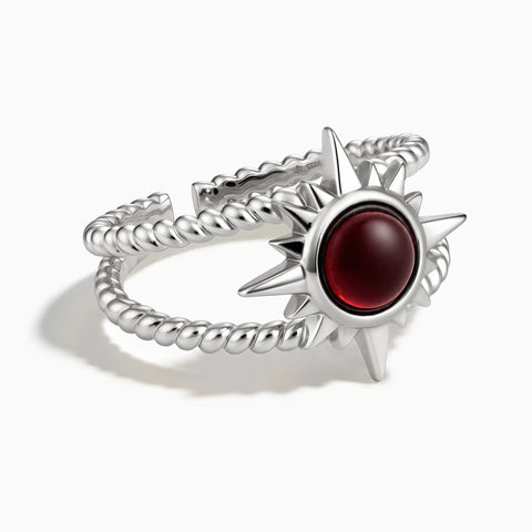 925 Sterling Silver Round Garnet Sunburst Twisted Ring - Soleil Ray Front View