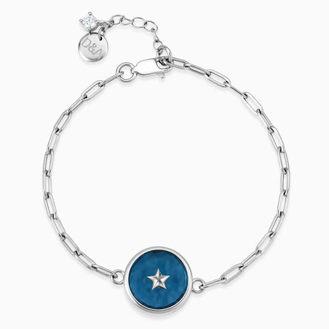 925 Sterling Silver Round London Blue Topaz Paperclip Bracelet - Solo Star Front View