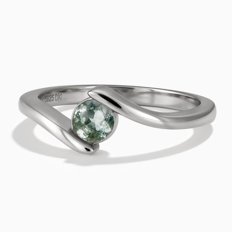 925 Sterling Silver Round Moss Agate Bypass Ring - Soft Haven Front View