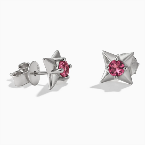 925 Sterling Silver Round Pink Tourmaline Four Point Star Stud Earrings - Wishkeeper Front View