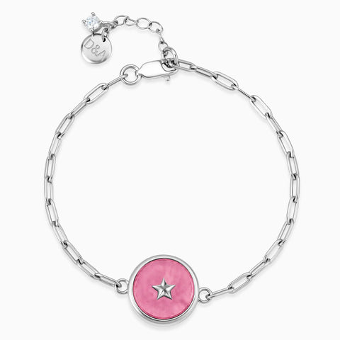 925 Sterling Silver Round Pink Tourmaline Paperclip Bracelet - Solo Star Front View