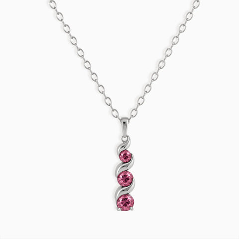 925 Sterling Silver Round Pink Tourmaline Triple Gemstone Twisted Necklace - Spiral Rondo Front View