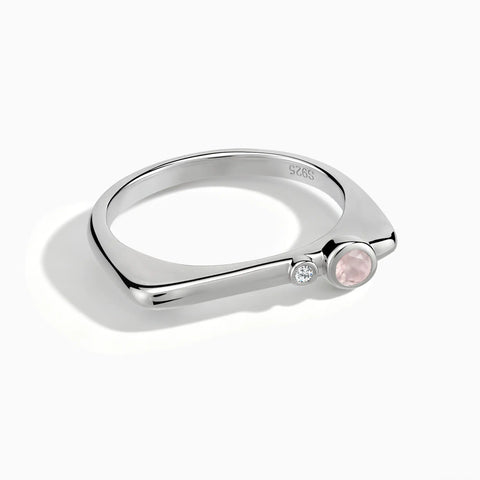 925 Sterling Silver Round Rose Quartz Puzzle Stacking Ring - Minimal Still Front View