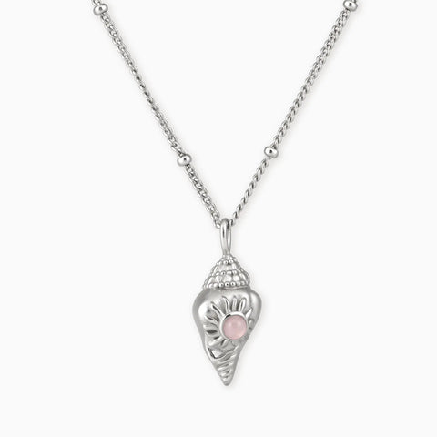 925 Sterling Silver Round Rose Quartz Sun Conch Necklace - Tidal Glow Front View
