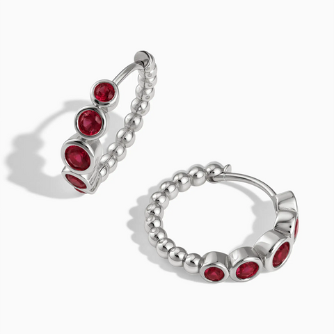 925 Sterling Silver Round Ruby Bezel Hoop Earrings - Beaded Reverie Front View