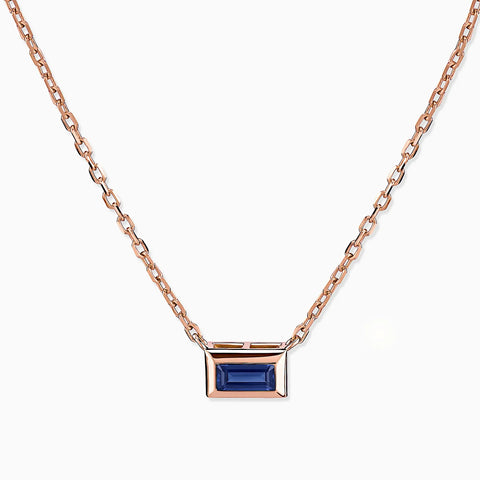 Baguette Blue Sapphire Bezel Necklace - Axiom 18KT Rose Gold Vermeil Front View