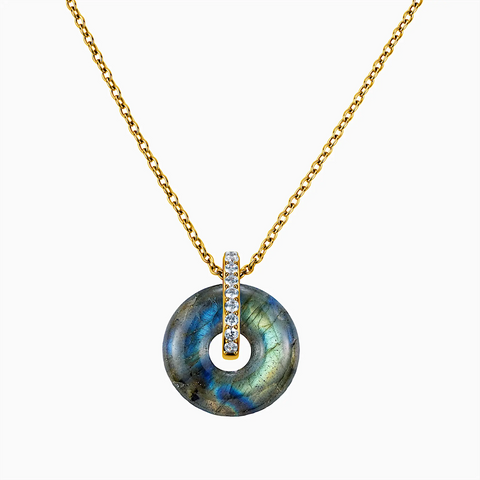 Donut Labradorite Pave Bar Necklace - Origin Loop 18KT Yellow Gold Vermeil Front View