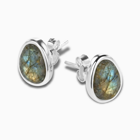 Freeform Labradorite Bezel Stud Earrings - Fluid Frame 925 Sterling Silver Side View