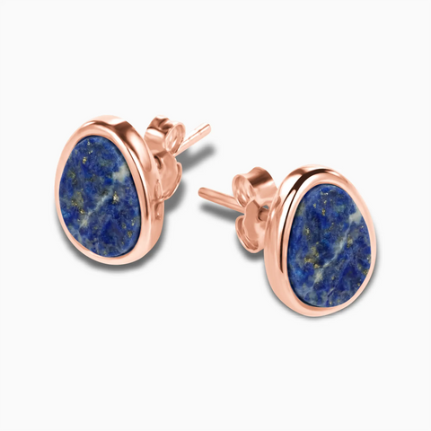 Freeform Lapis Lazuli Bezel Stud Earrings - Fluid Frame 18KT Rose Gold Vermeil Side View