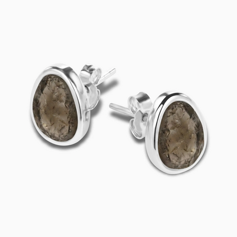 Freeform Smoky Quartz Bezel Stud Earrings - Fluid Frame 925 Sterling Silver Side View