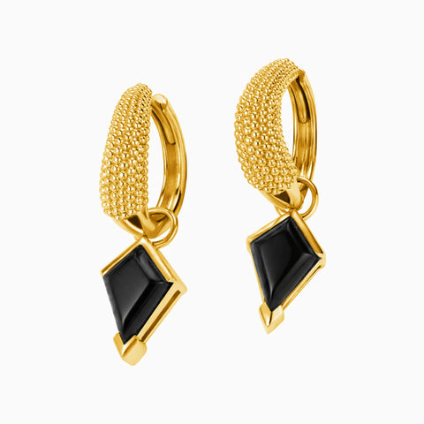 Granulated Kite Black Onyx Earrings - Valkyrie 18KT Yellow Gold Vermeil Front View