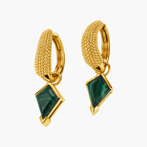 Granulated Kite Malachite Earrings - Valkyrie 18KT Yellow Gold Vermeil Front View