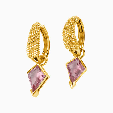 Granulated Kite Pink Tourmaline Earrings - Valkyrie 18KT Yellow Gold Vermeil Front View