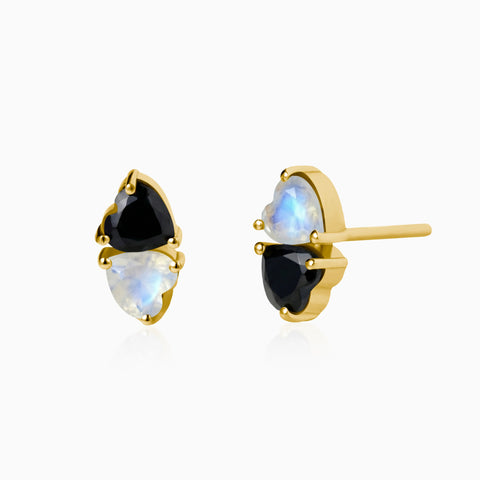 Heart Black Onyx & Moonstone Toi et Moi Stud Earrings - Duality 18KT Yellow Gold Vermeil Front View