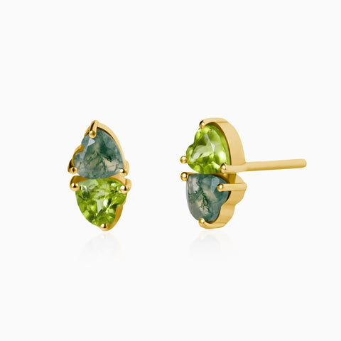 Heart Moss Agate & Peridot Toi et Moi Stud Earrings - Duality 18KT Yellow Gold Vermeil Front View
