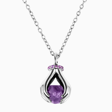 Raw Amethyst Cradle Necklace - Guardian Hands 925 Sterling Front View