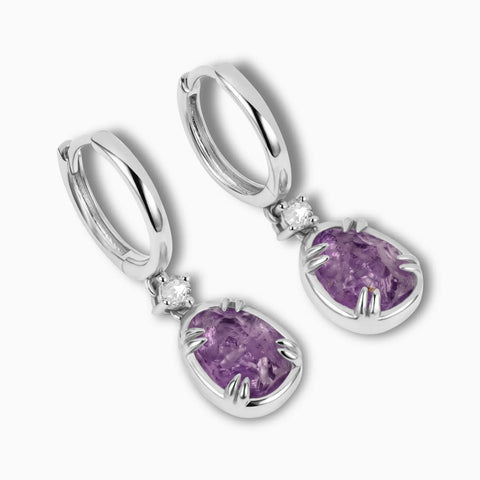 Raw Amethyst Huggie Hoop Earrings - Sacred Wrap 925 Sterling Silver Side View