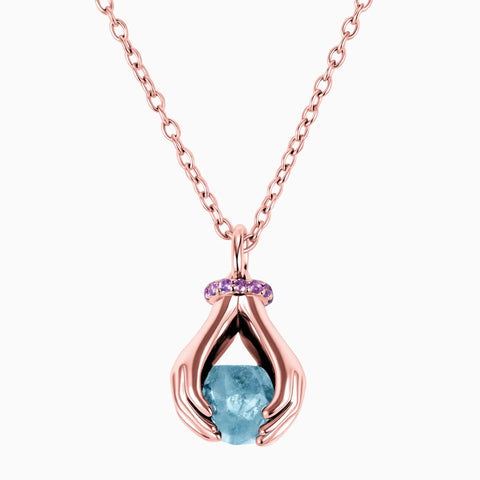 Raw Aquamarine Cradle Necklace - Guardian Hands 18KT Rose Gold Vermeil Front View