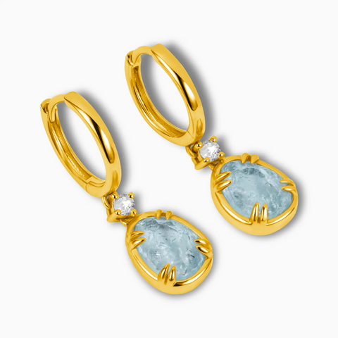 Raw Aquamarine Huggie Hoop Earrings - Sacred Wrap 18KT Yellow Gold Vermeil Side View