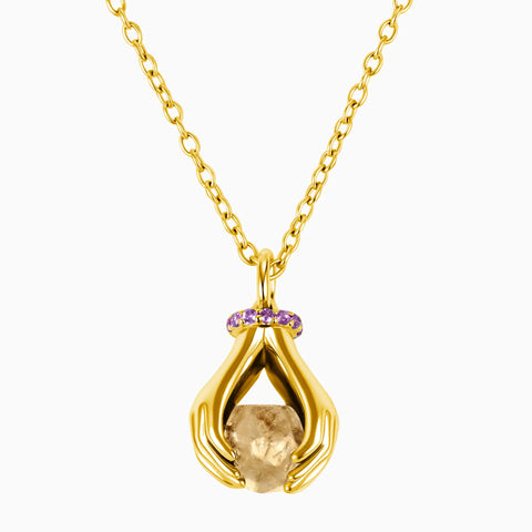 Raw Citrine Cradle Necklace - Guardian Hands 18KT Yellow Gold Vermeil Front View