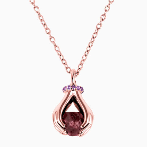 Raw Garnet Cradle Necklace - Guardian Hands 18KT Rose Gold Vermeil Front View