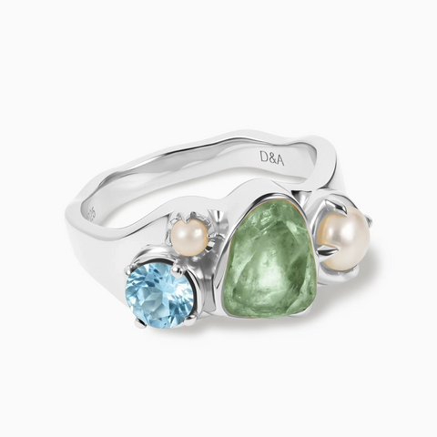 Raw Green Amethyst & Round Aquamarine Wavy Ring - Rolling Tides 925 Sterling Silver Front View
