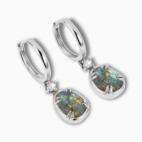 Raw Labradorite Huggie Hoop Earrings - Sacred Wrap 925 Sterling Silver Side View
