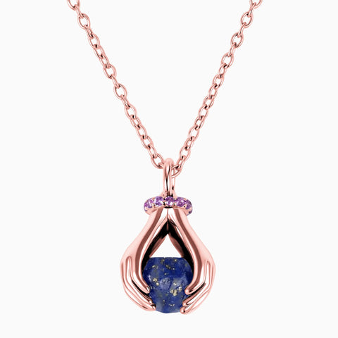 Raw Lapis Lazuli Cradle Necklace - Guardian Hands 18KT Rose Gold Vermeil Front View