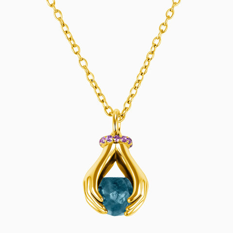 Raw London Blue Topaz Cradle Necklace - Guardian Hands 18KT Yellow Gold Vermeil Front View