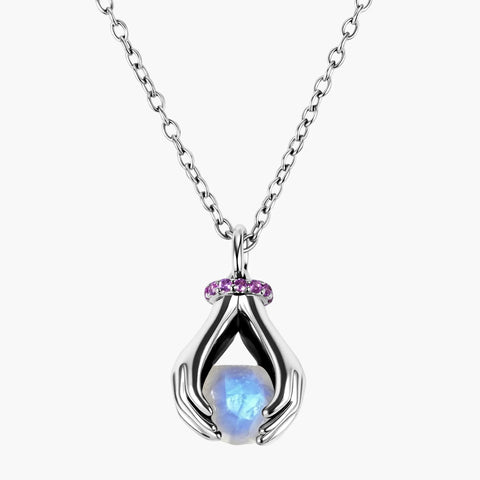 Raw Moonstone Cradle Necklace - Guardian Hands 925 Sterling Front View