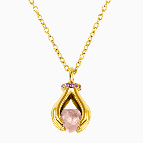 Raw Morganite Cradle Necklace - Guardian Hands 18KT Yellow Gold Vermeil Front View