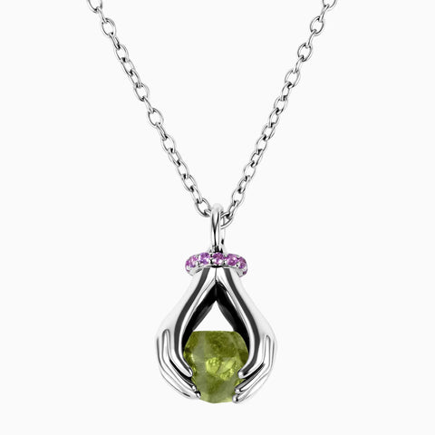 Raw Peridot Cradle Necklace - Guardian Hands 925 Sterling Front View