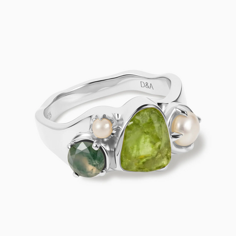 Raw Peridot & Round Moss Agate Wavy Ring - Rolling Tides 925 Sterling Silver Front View