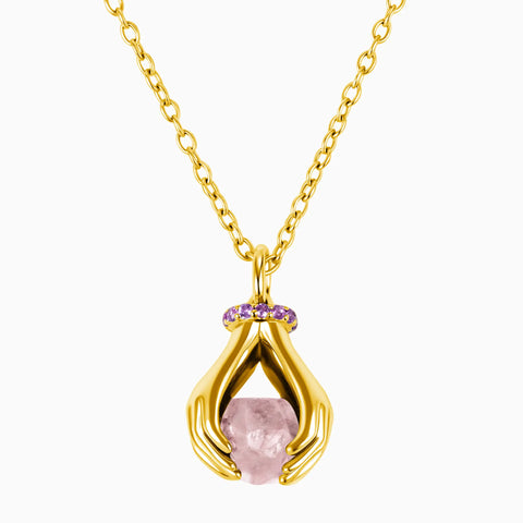 Raw Rose Quartz Cradle Necklace - Guardian Hands 18KT Yellow Gold Vermeil Front View