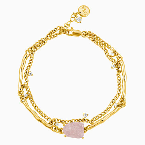 Raw Rose Quartz Layered Bracelet - Wild Vine 18KT Yellow Gold Vermeil Front View