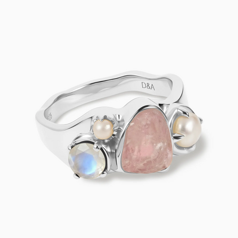Raw Rose Quartz & Round Moonstone Wavy Ring - Rolling Tides 925 Sterling Silver Front View