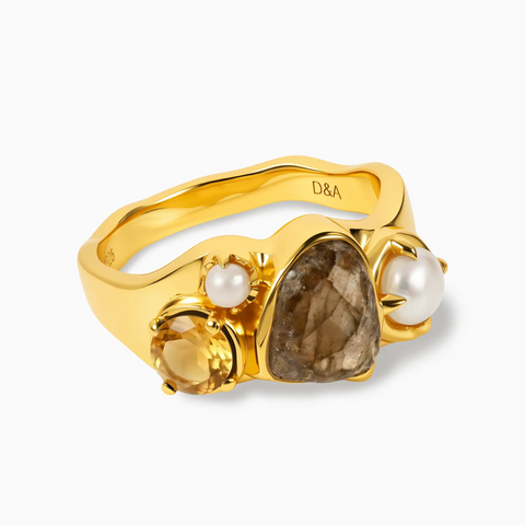 Raw Smoky Quartz & Round Citrine Wavy Ring - Rolling Tides 18KT Yellow Gold Vermeil Front View