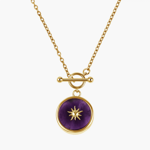 Round Amethyst Toggle Clasp Necklace - Inner Sun 18KT Yellow Gold Vermeil Front View