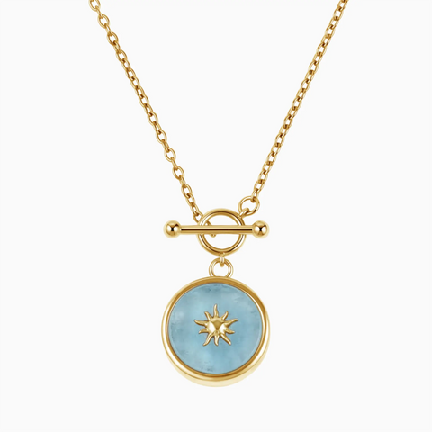 Round Aquamarine Toggle Clasp Necklace - Inner Sun 18KT Yellow Gold Vermeil Front View