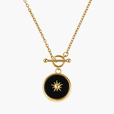 Round Black Onyx Toggle Clasp Necklace - Inner Sun 18KT Yellow Gold Vermeil Front View