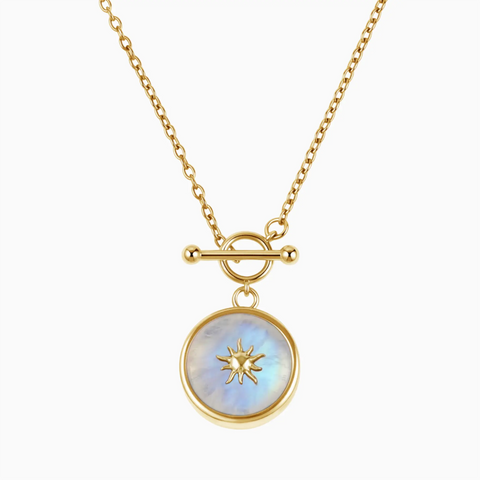 Round Moonstone Toggle Clasp Necklace - Inner Sun 18KT Yellow Gold Vermeil Front View