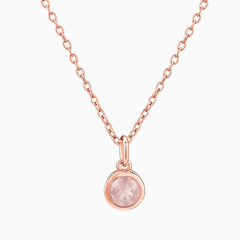 Round Rose Quartz Bezel Necklace - Elara 18KT Rose Gold Vermeil Front View
