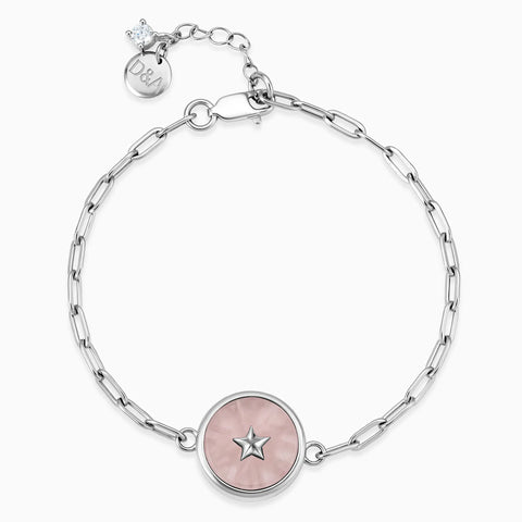 Round Rose Quartz Paperclip Bracelet - Solo Star 925 Sterling Front View