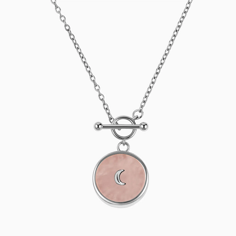 Round Rose Quartz Toggle Clasp Necklace - Inner Moon 925 Sterling Front View