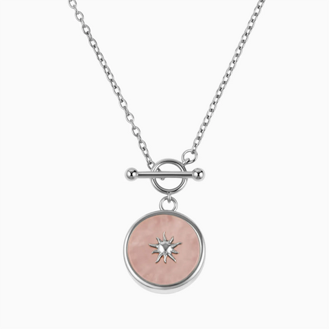 Round Rose Quartz Toggle Clasp Necklace - Inner Sun 925 Sterling Front View