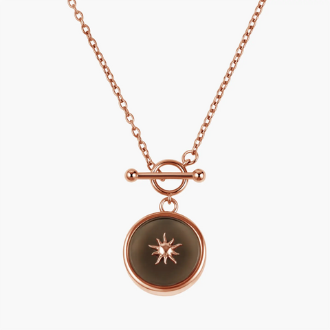 Round Smoky Quartz Toggle Clasp Necklace - Inner Sun 18KT Rose Gold Vermeil Front View