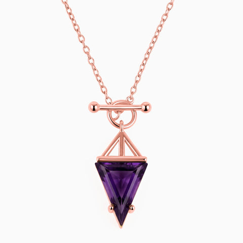 Triangle Amethyst Toggle Clasp Necklace - Pendulum 18KT Rose Gold Vermeil Front View